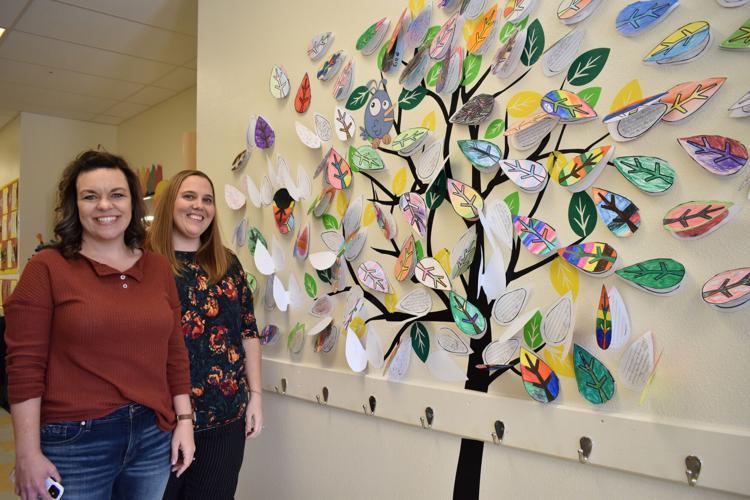 Pima students have been learning about gratitude this month. School counselors Ashley Scorse and Katie Williams stand near a tree filled with leaves upon which third and fourth graders wrote what they are grateful for.