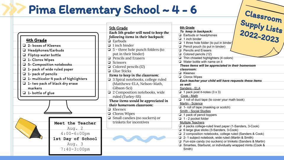 4-6 Classroom Supply Lists