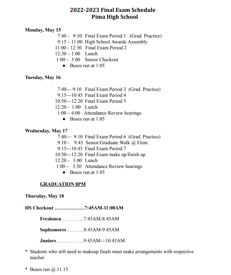 PHS Finals Week Schedule